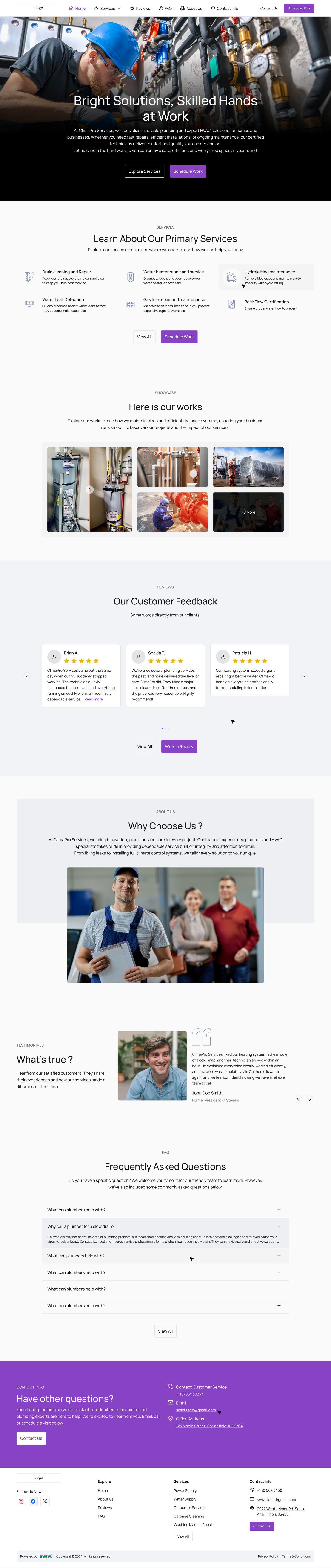 A whole site from the builder, ClimaPro Services: the header, a hero headlined Bright Solutions, Skilled Hands at Work, the primary services, Here is our works, customer feedback, Why Choose Us, a testimonial, frequently asked questions, the Have other questions? contact band and the footer