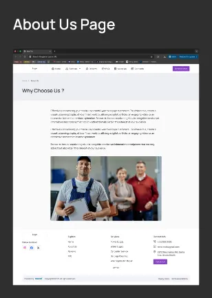 About us page board, web. The full page: a Why Choose Us? page header, three short paragraphs and a wide team photo above the footer.