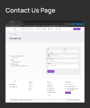 Contact us page board, web. The full page: the page header, then phone, email and office address on the left beside a request form with name, email, phone with a country code, preferred service, message and a Send Request button.
