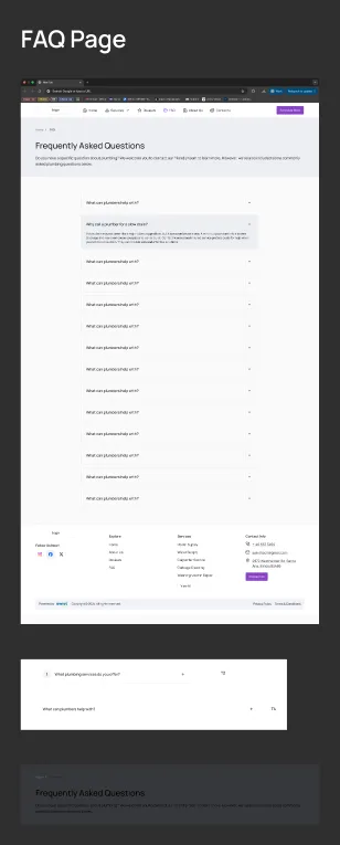 FAQ page board, web. The full page a View all opens: the site header, a Frequently Asked Questions page header with its breadcrumb, a list of fourteen questions with one expanded, and the footer. Below it, two question rows marked T2 and T4, and the page header on its own.