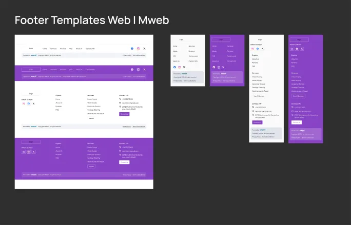 Footer templates board, web and mobile web. Four footers: a single-row minimal footer and a four-column footer with Explore, Services and Contact info, each on white and on the violet brand ground, and their four mobile versions.
