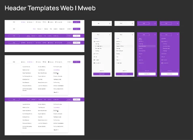 Header templates board, web and mobile web. Four desktop headers, two on white and two on the violet brand ground, with and without nav icons, then each with its Services mega-menu open, listing laundry, grocery and pet-care services. Beside them, four mobile headers, closed and with the menu drawer open.