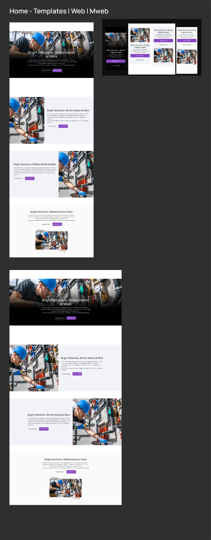 Home templates board, web and mobile web. The four hero variants, all headlined Bright Solutions, Skilled Hands at Work: a full-bleed photo with centred text, photo left with text right, the mirror of that, and centred text over a photo collage. Each is shown at desktop and at wide desktop, beside the four mobile versions.