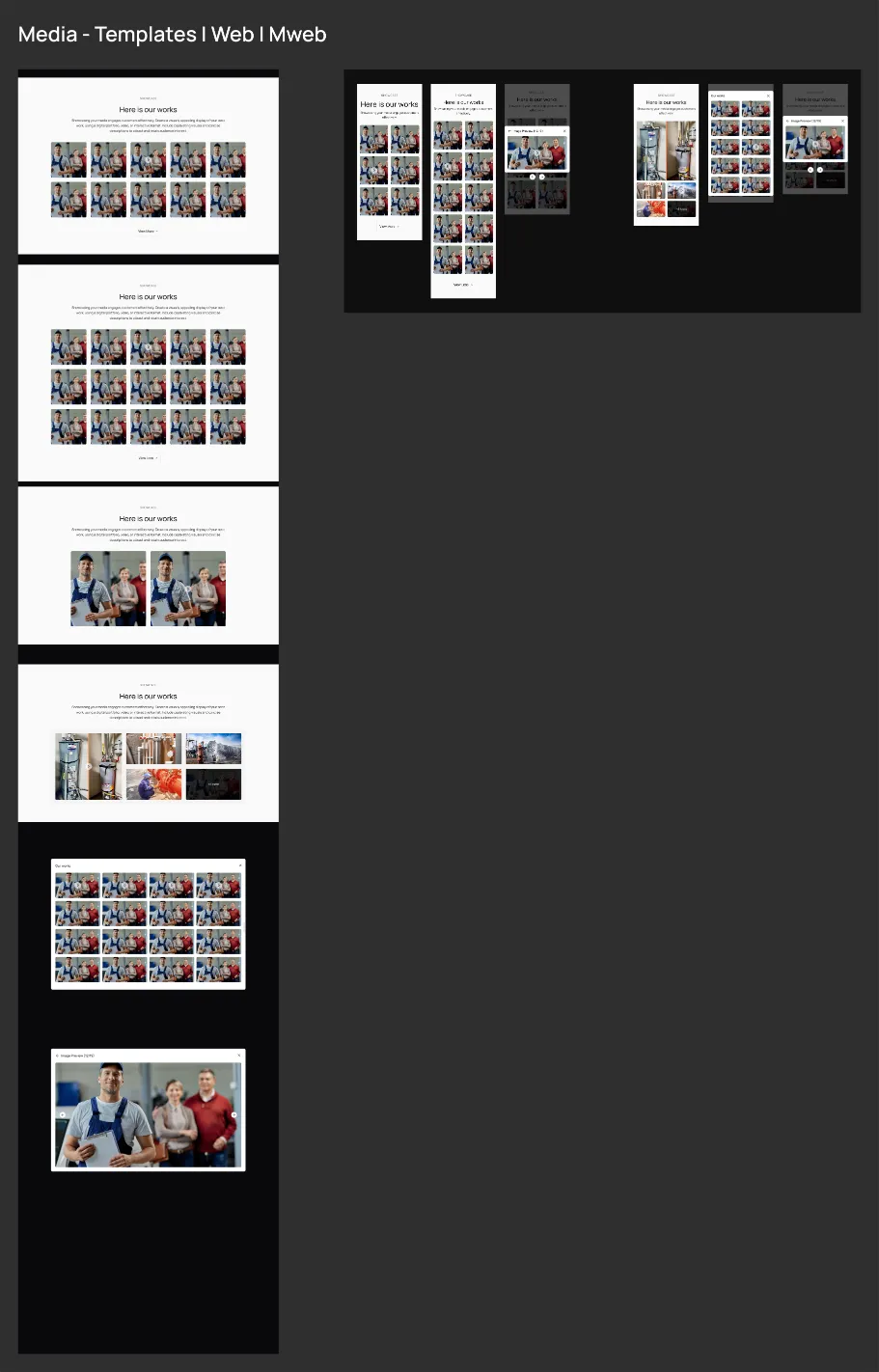 Media templates board, web and mobile web. Gallery templates headed Here is our works: grids of ten and fifteen photos with View more and View less, a two-photo layout and a mixed mosaic, then the full gallery overlay and the single-image preview, and the mobile version of each.