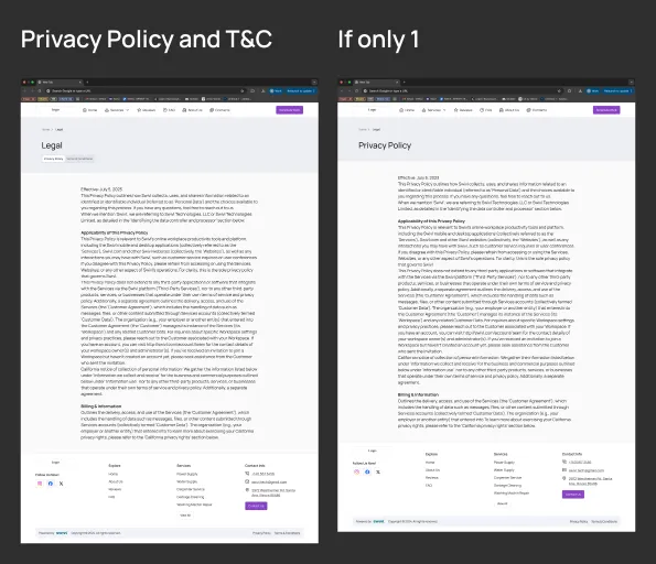 Privacy policy and terms board, web. A Legal page with Privacy Policy and Terms and Conditions tabs over the long policy text, and the same page titled Privacy Policy, with no tabs, for a business that has only one of the two.