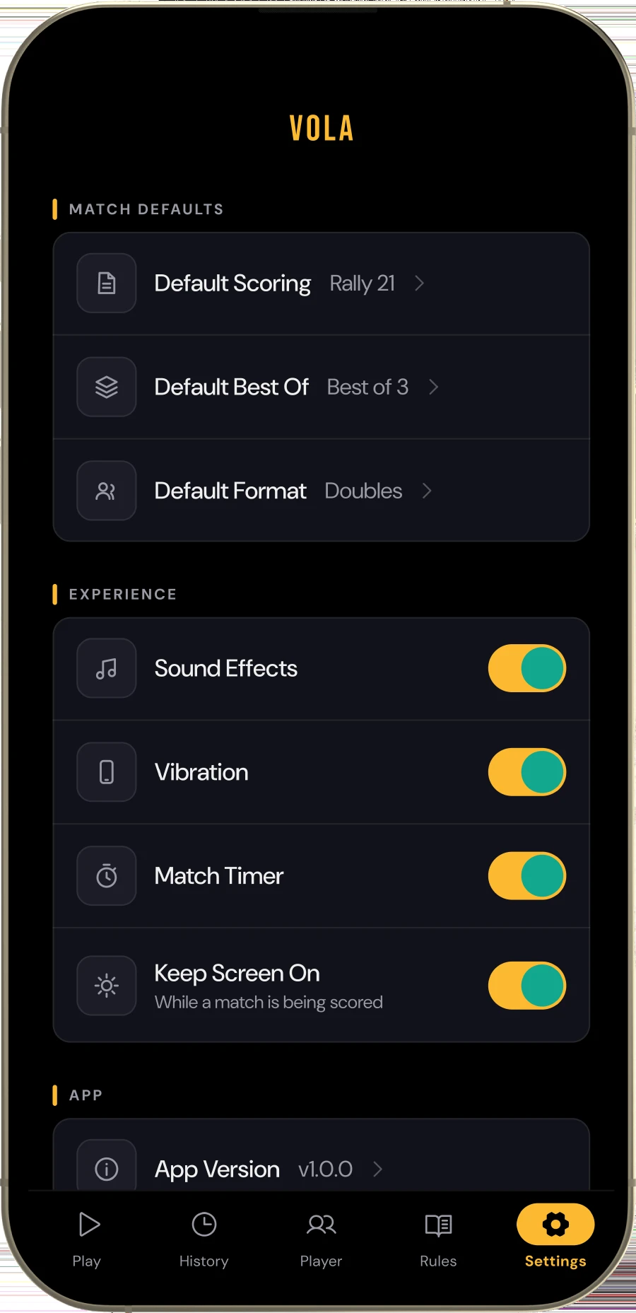 Settings: match defaults for scoring, best-of and format, then switches for sound effects, vibration, the match timer and keeping the screen awake between rallies. No account, and nothing that needs a connection.