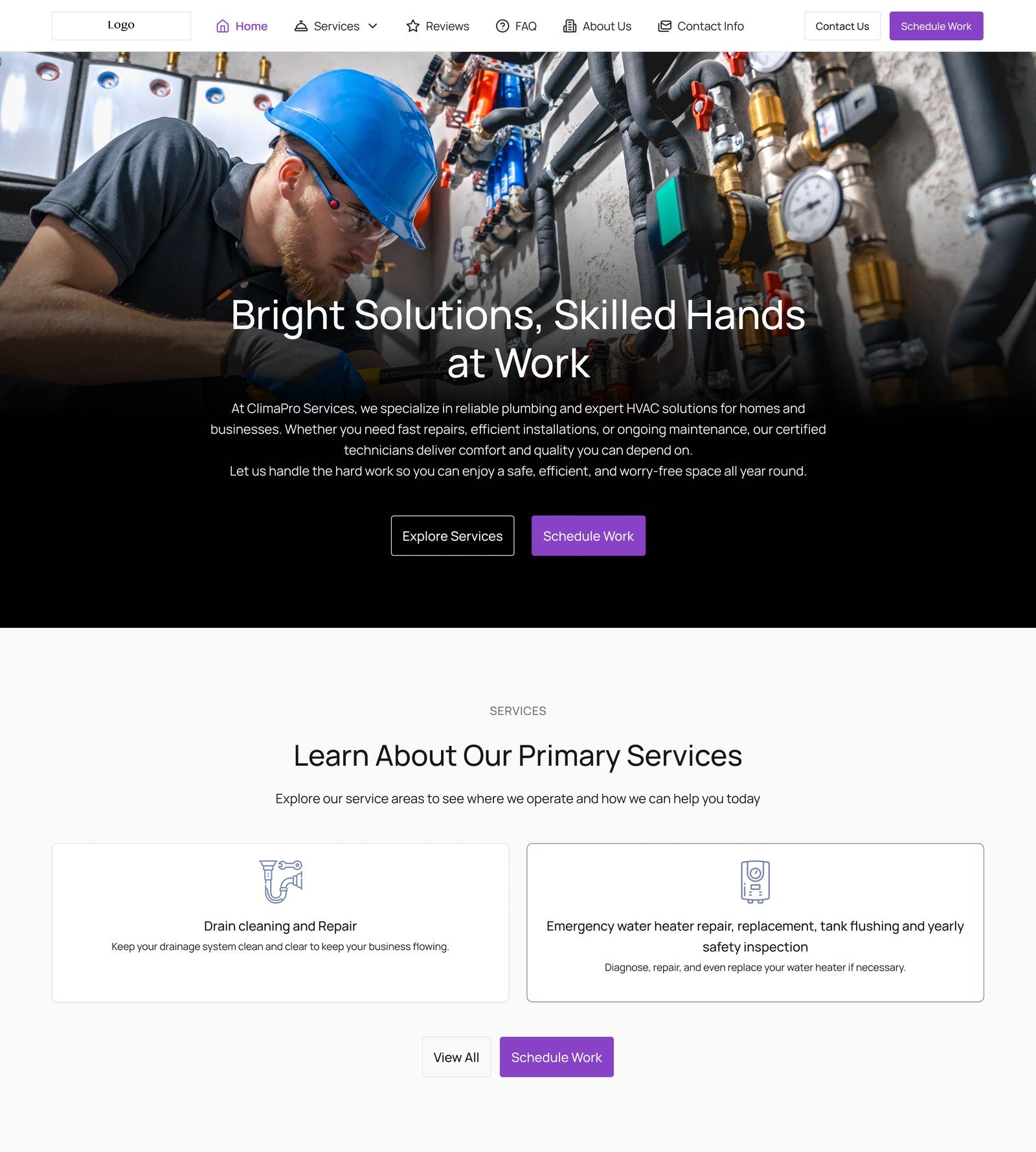 After: the same business in the bounded layouts: the headline on a scrim over the photo, and the Services layout drawn for two, two wide cards with the long name on one line