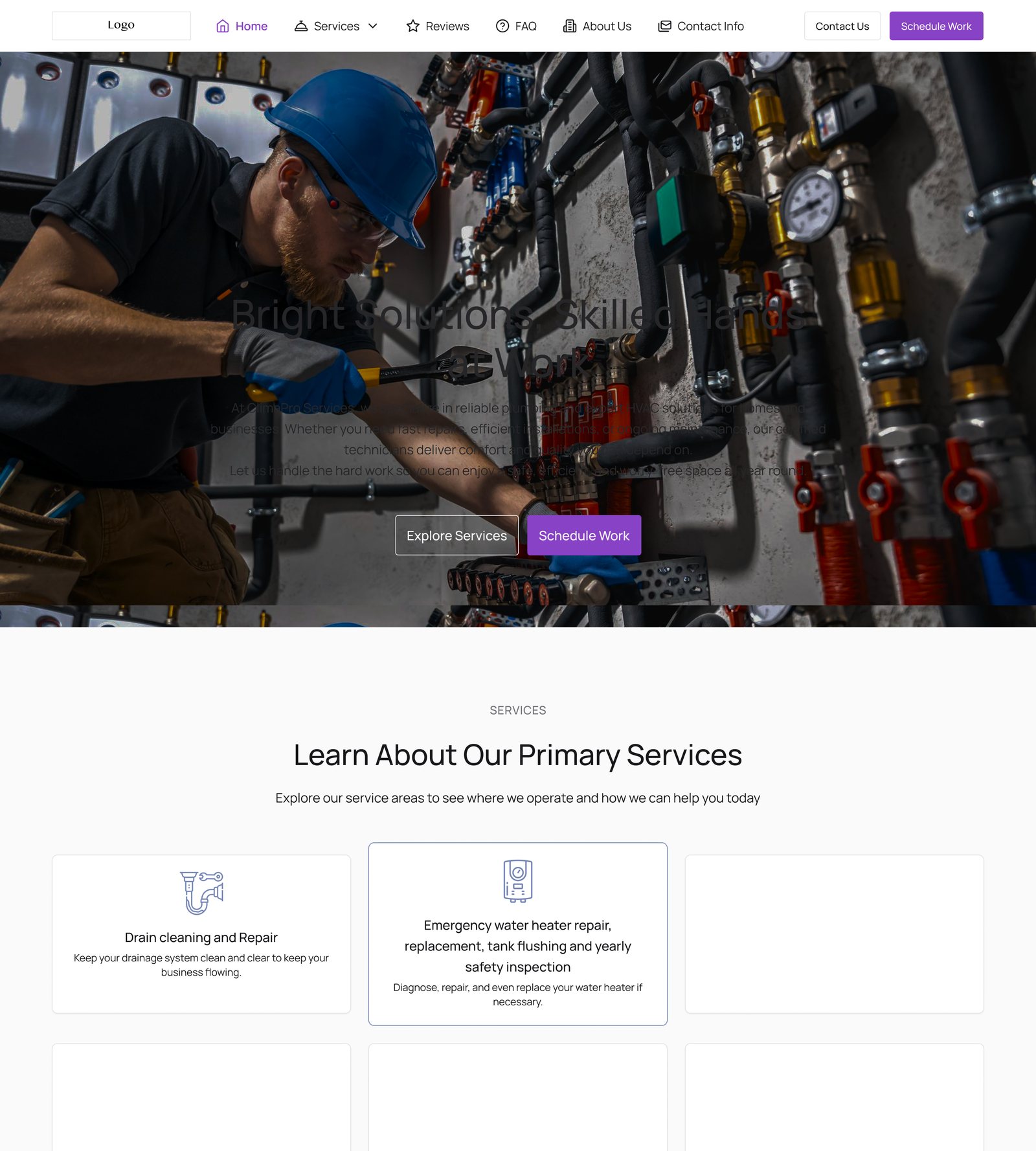 Before: one generic template filled with a real business: the headline lost in a dark photo, a six-card services grid with two services and four empty cards, and the long service name stretching its card out of line
