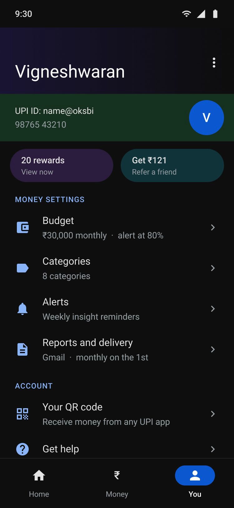 The final You tab: Money settings with Budget, Categories, Alerts, and Reports and delivery