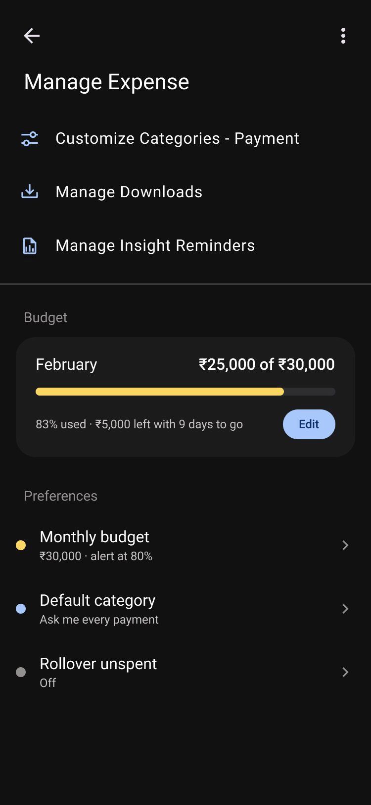 The first settings screen, Manage Expense: Customize Categories, Manage Downloads, Manage Insight Reminders and a budget