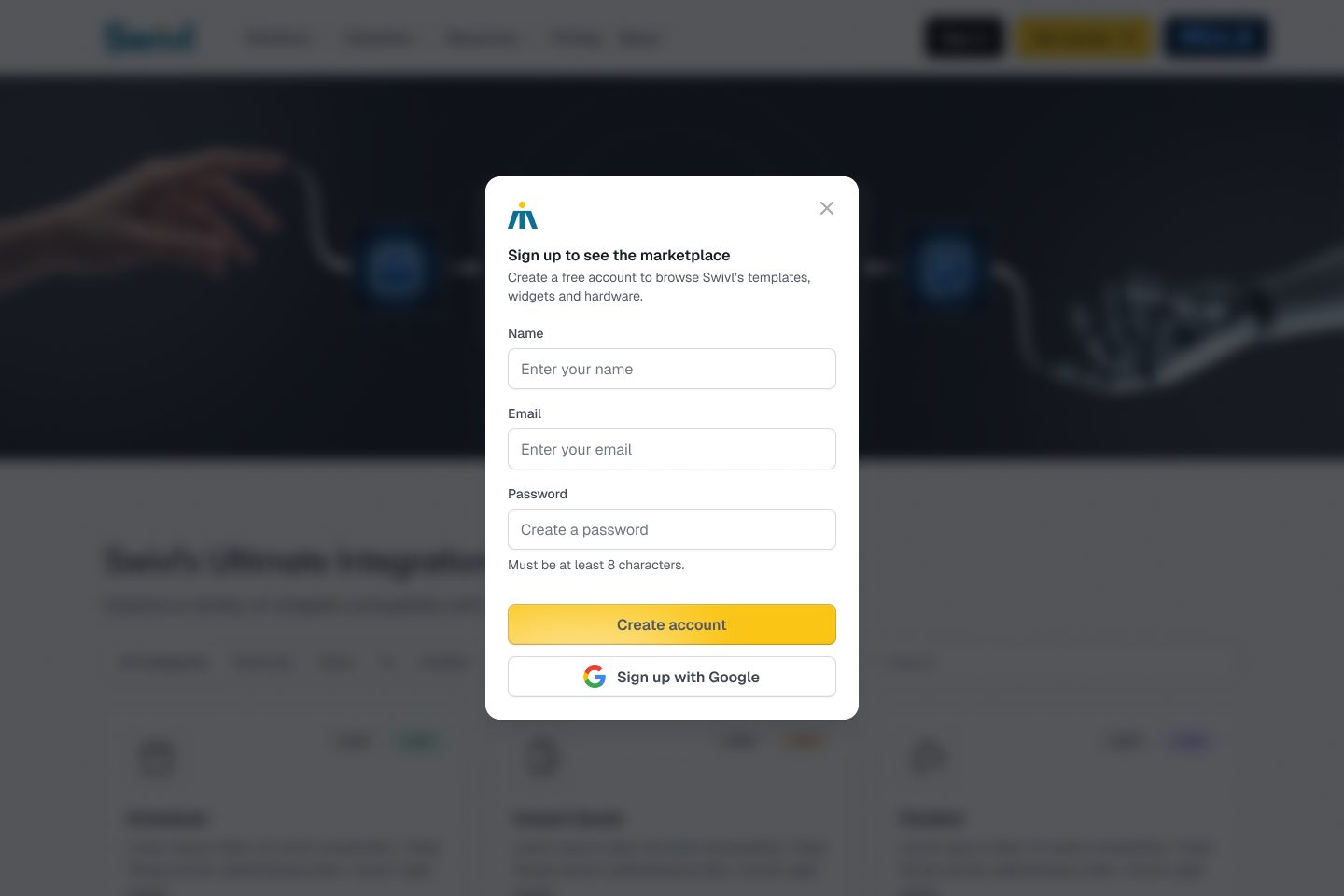 The marketplace listing blurred behind a Sign up to see the marketplace dialog: name, email, password, Create account and Sign up with Google