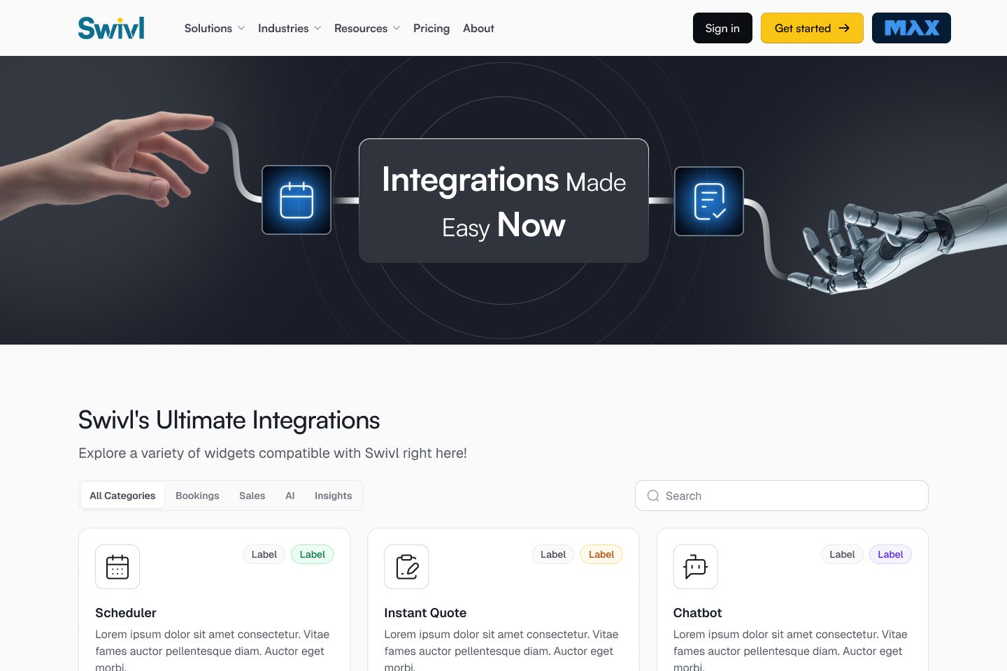 The marketplace listing open to everyone: the integrations hero, categories, search and the product cards
