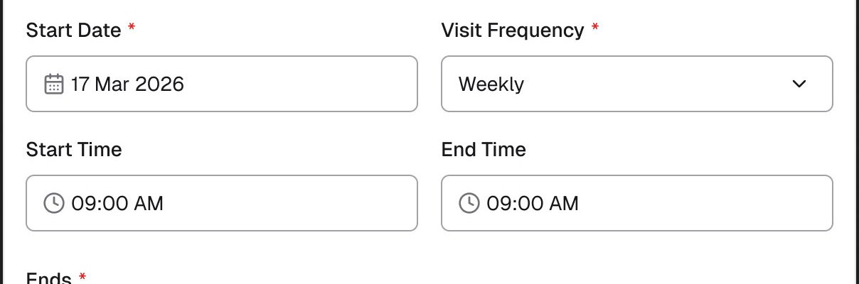 The schedule as it went live: Start Date 17 Mar 2026 and Visit Frequency Weekly, with nothing under the frequency