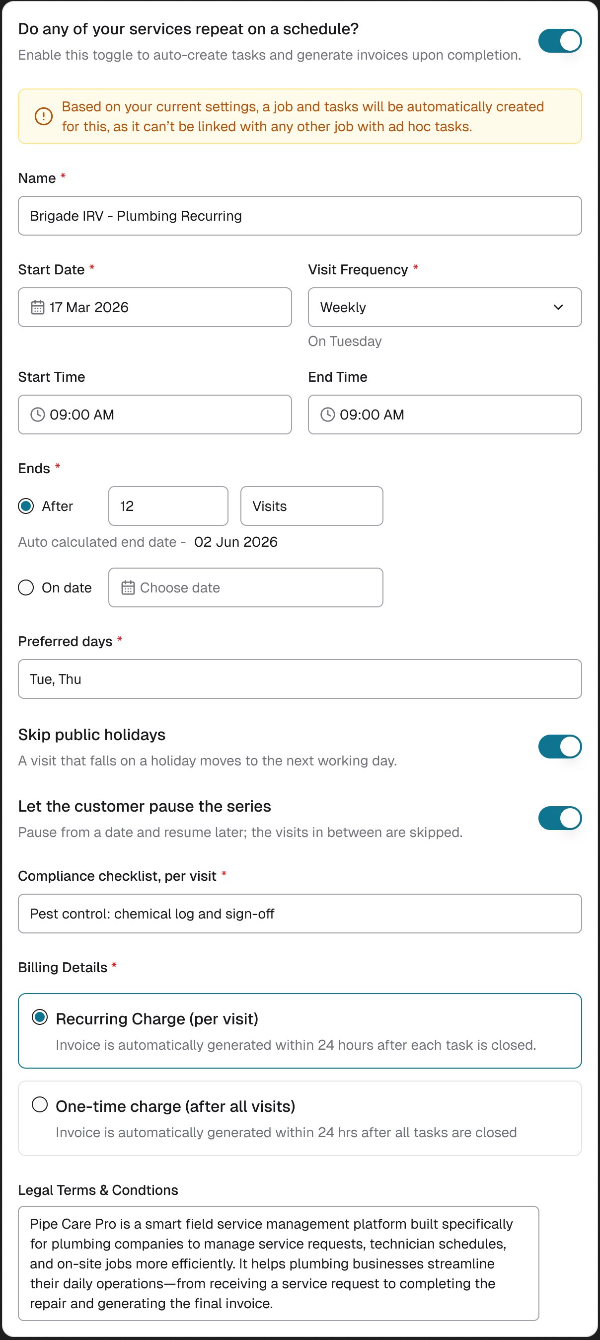 The Recurring Service card with every option: name, start date and frequency, times, ends, then preferred days, skip public holidays, let the customer pause the series and a compliance checklist, then billing and terms