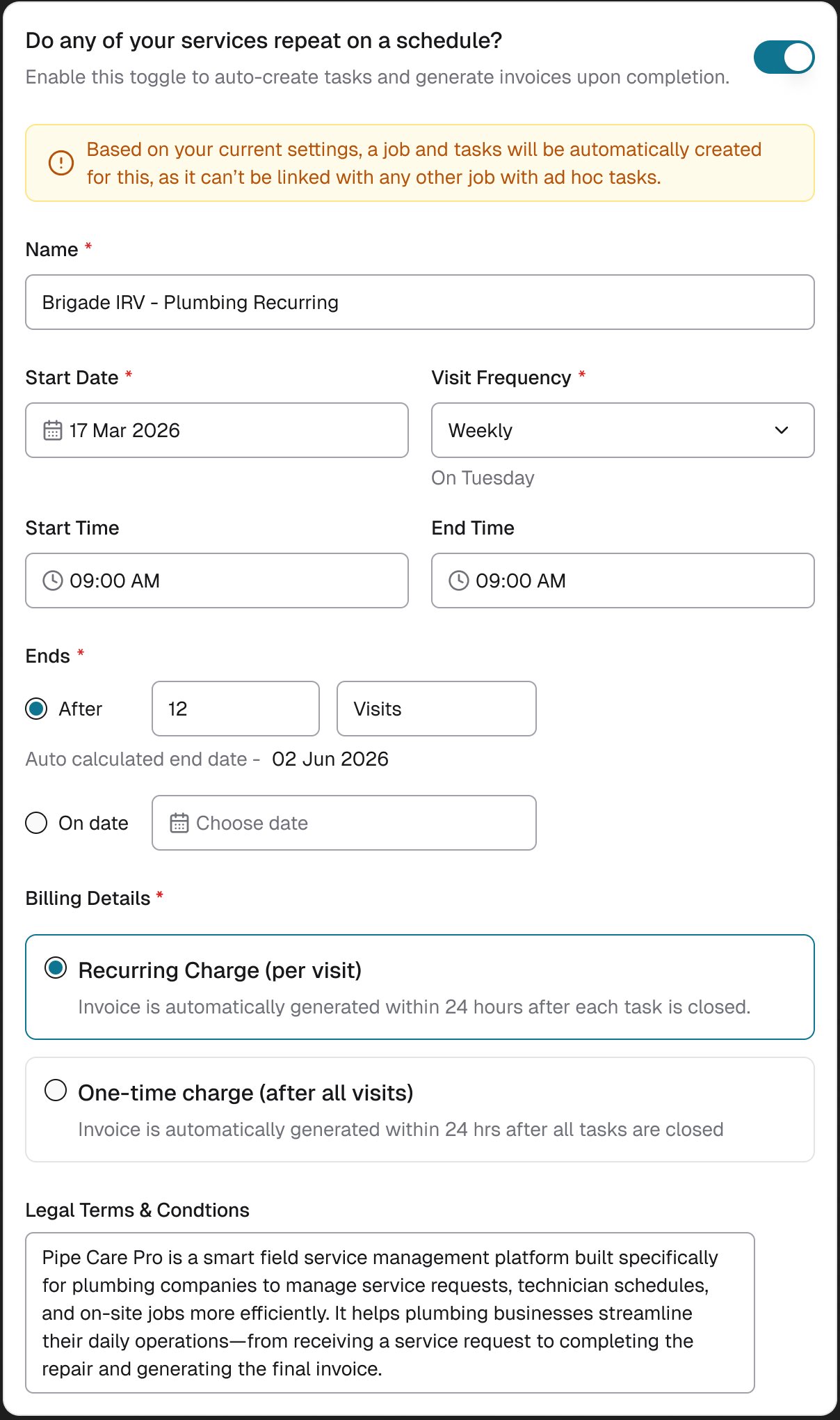 The shipped Recurring Service card: name, start date and frequency with On Tuesday under it, times, ends after 12 visits with the end date worked out, billing per visit or once, and terms