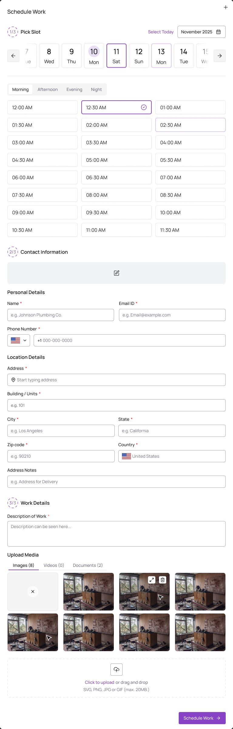 The booking as one long form: the slot picker, then personal and location details, then the work description and uploads, then Schedule Work at the very bottom