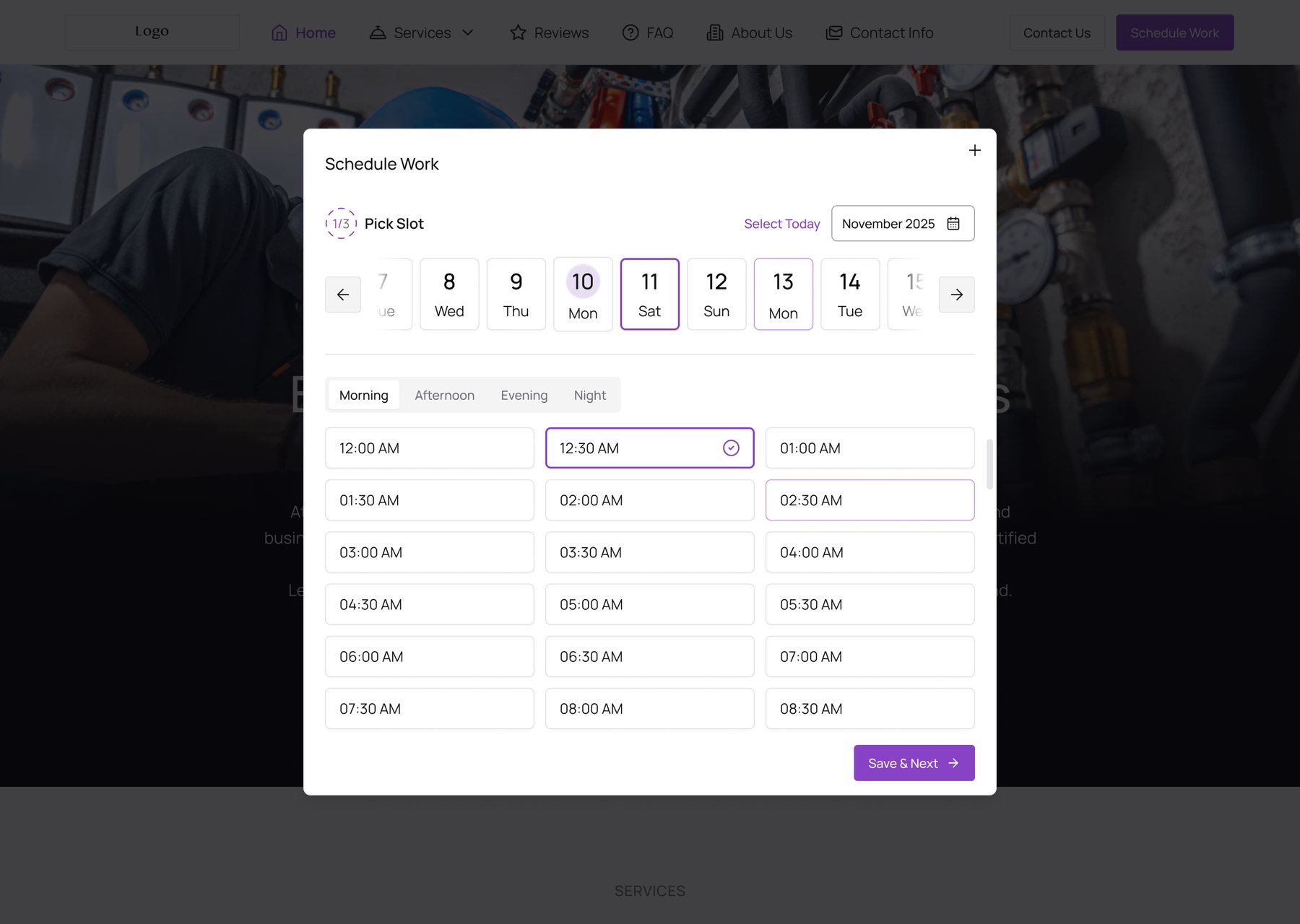 After: the same website with the Schedule Work window open over it, step 1 of 3, Pick Slot: Select Today, the date strip, Morning, Afternoon, Evening and Night, and half-hour slots