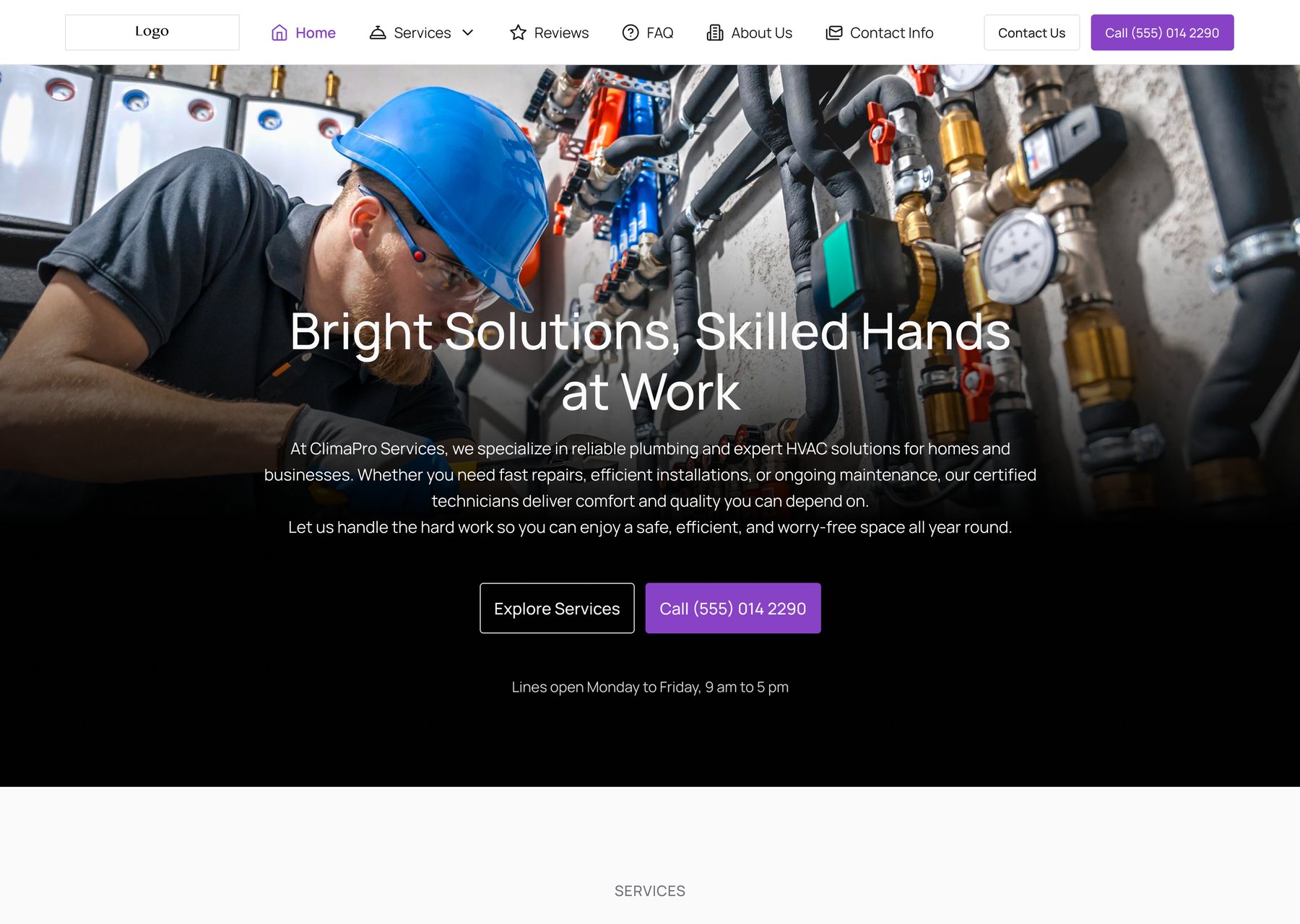 Before: a plumbing business website whose only way to book is a phone number, Call (555) 014 2290, with lines open Monday to Friday, 9 am to 5 pm