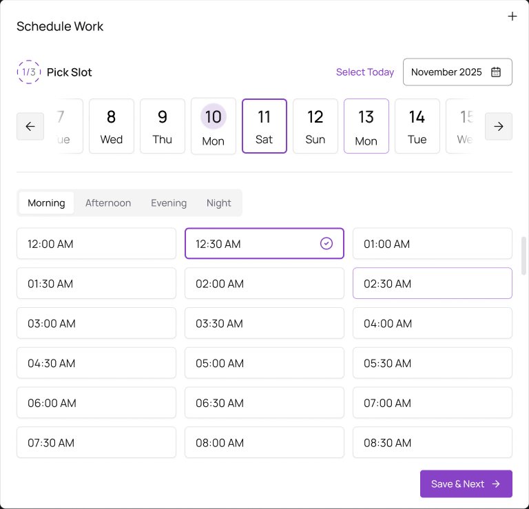The shipped step 1 of 3: pick a slot, with Select Today, the date strip, part-of-day tabs and Save and Next