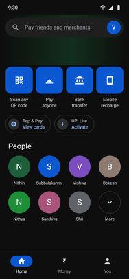 Google Pay, the final screens: Home · tab root
