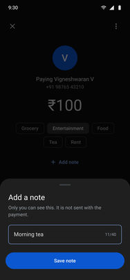 Google Pay, the final screens: Pay · add note