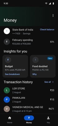 Google Pay, the final screens: Money · tab root