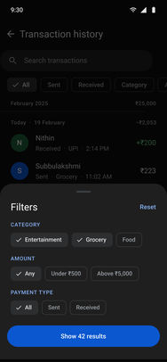 Google Pay, the final screens: Activity · filters