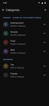 Google Pay, the final screens: Categories