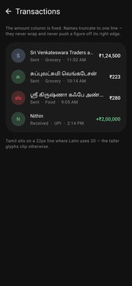 Google Pay, stress test: Edge · long names and Tamil