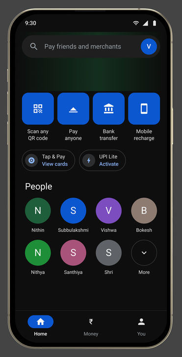 Google Pay, in its device: Home · tab root