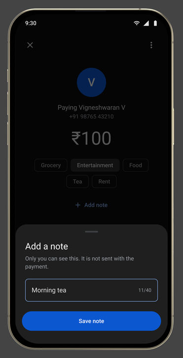 Google Pay, in its device: Pay · add note