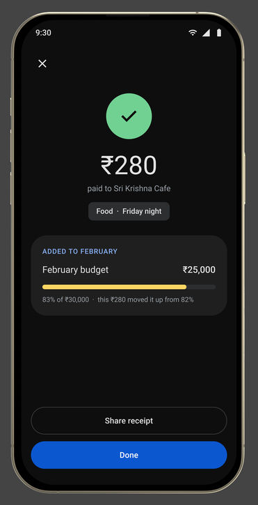 Google Pay, in its device: Pay · success