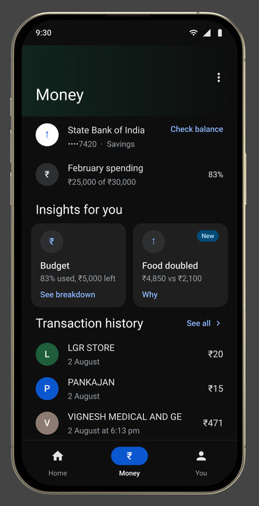 Google Pay, in its device: Money · tab root