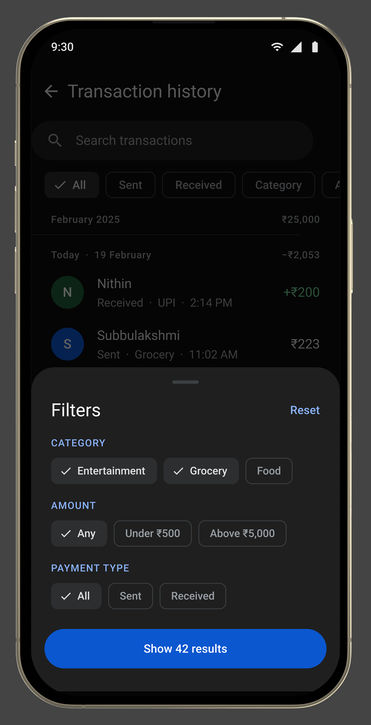 Google Pay, in its device: Activity · filters