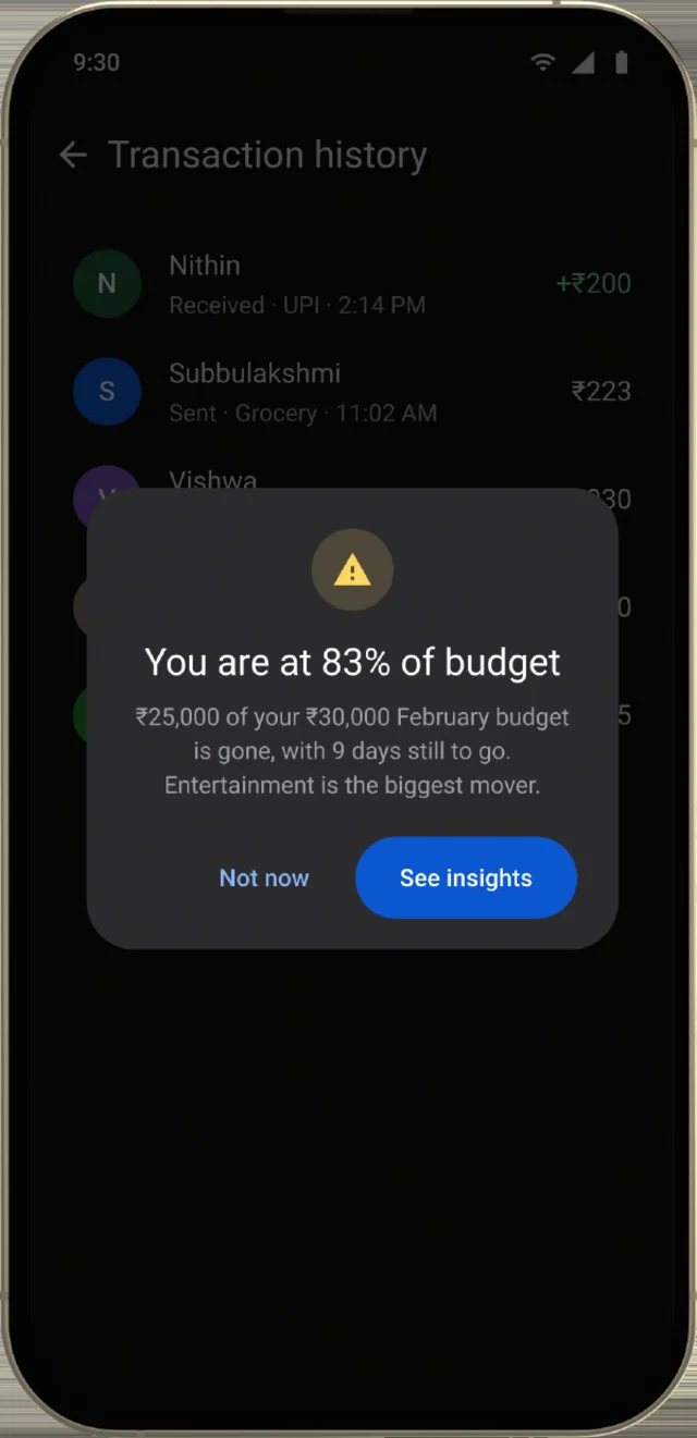 The budget alert screen, shown on a phone