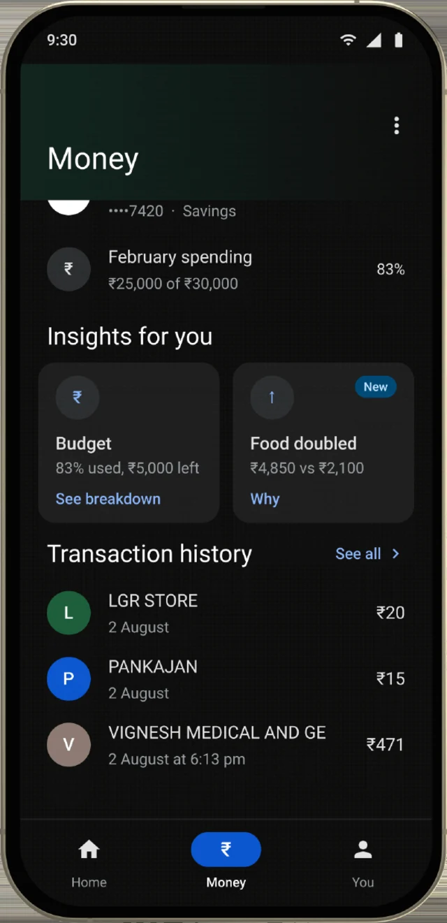 The Money tab screen, shown on a phone