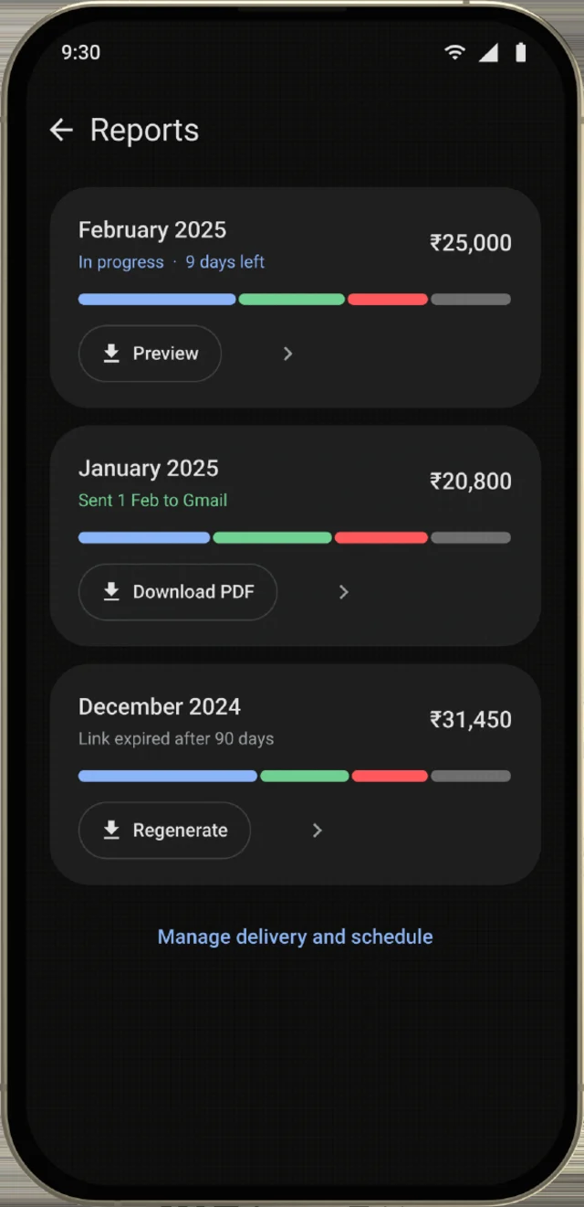 The reports screen, showing one card a month