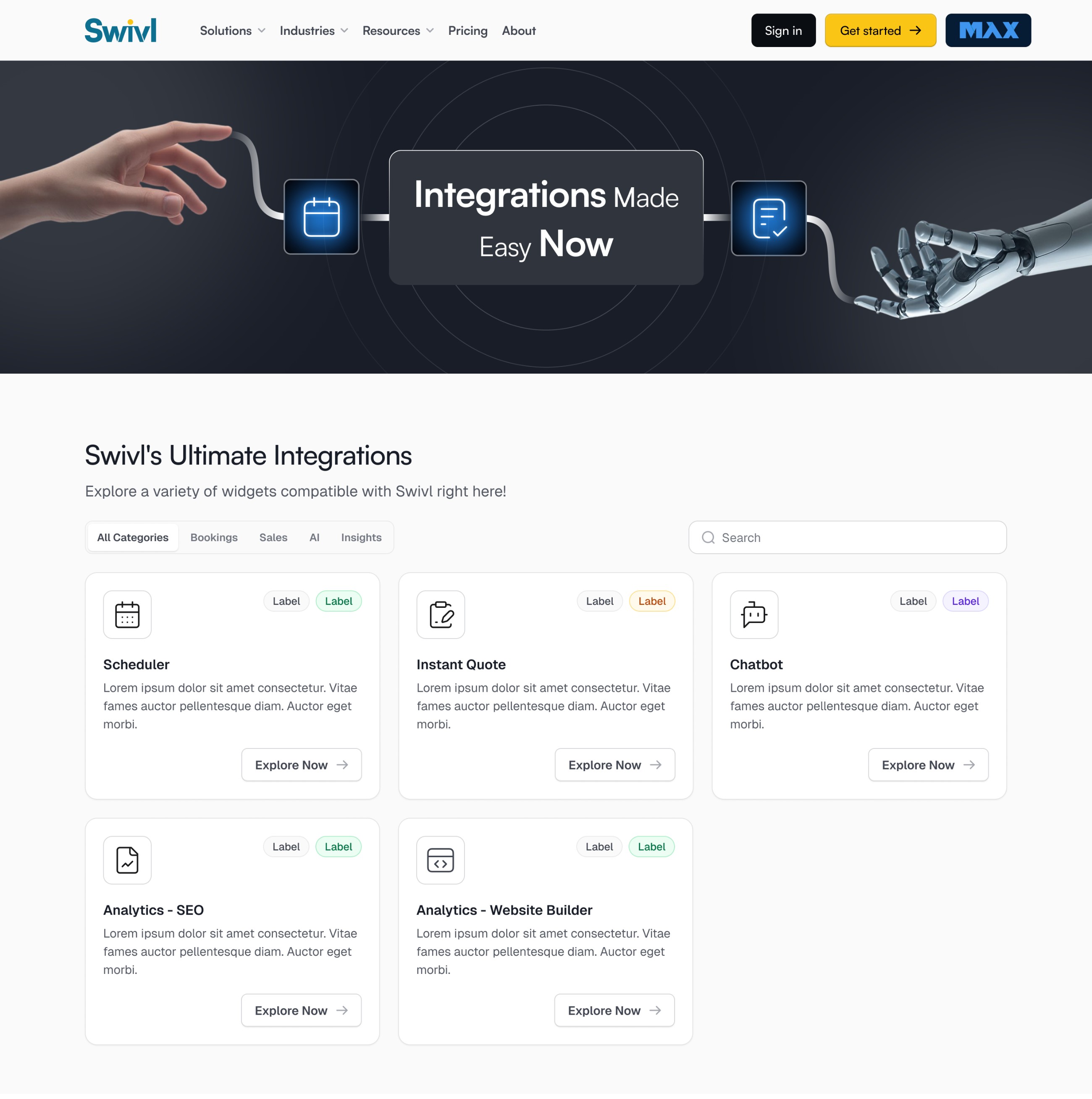 Marketplace home with a filterable grid of Swivl widgets
