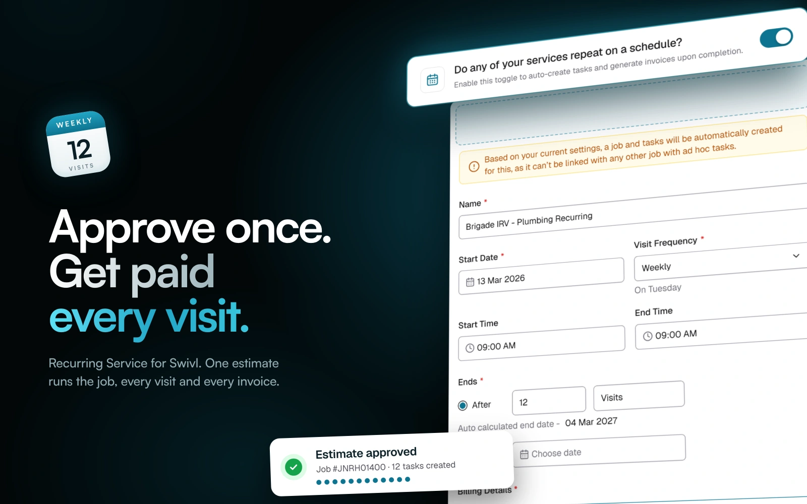 Recurring Service cover: Approve once. Get paid every visit. The estimate’s Recurring Service card on a laptop and on a phone