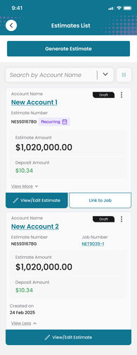 The app, full screen capture: estimates list