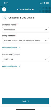 The app, full screen capture: customer and job details