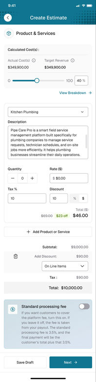 The app, full screen capture: products and services