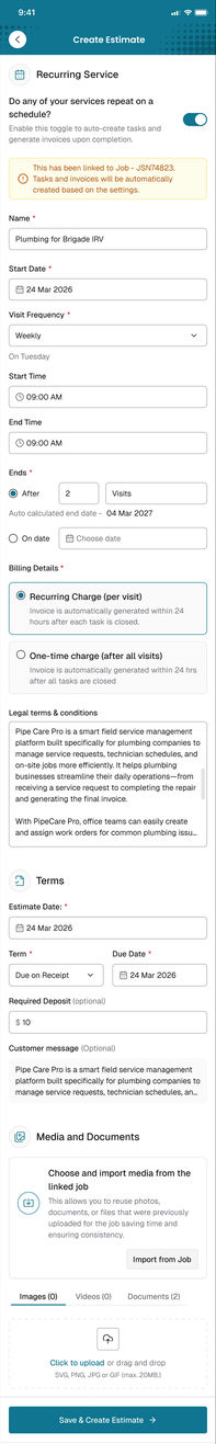 The app, full screen capture: recurring on, linked job