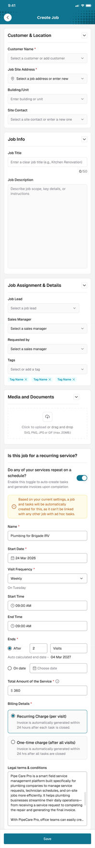The app, full screen capture: new job, recurring on