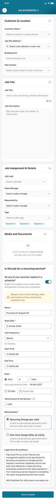 The app, full screen capture: editing a recurring job