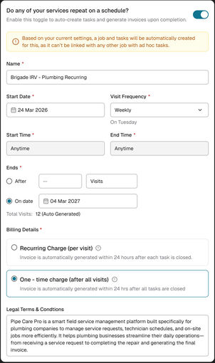 Web: the card with Anytime, ending on 4 Mar 2027 so 12 visits are worked out, and One-time charge (after all visits)