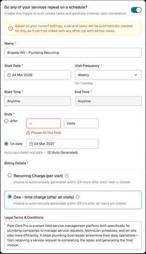 Web: the card with the number of visits left empty and the message Please fill this field under it