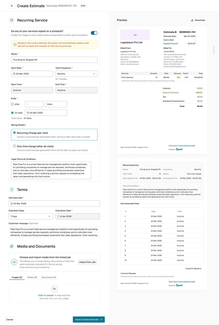 Web: step 3 switched on, monthly, Anytime, ending on 4 Mar 2027 with the visit count worked out, one-time charge; the note says a new job will be created