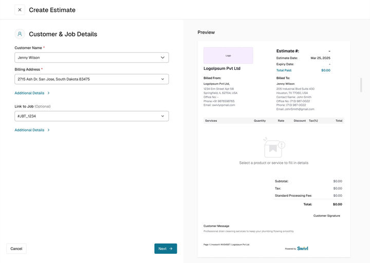 Web: step 1 filled: Jenny Wilson, her billing address and job JBT_1234 linked