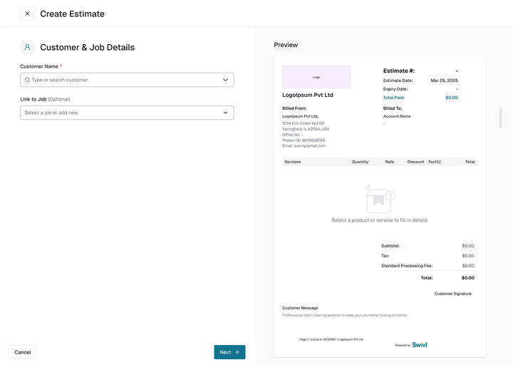 Web: Create Estimate step 1, Customer and Job Details, empty, with the blank preview
